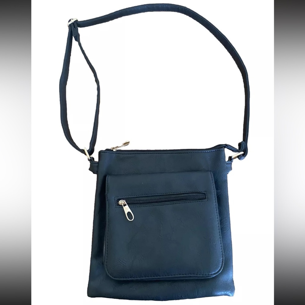 Unbranded Black Leather Crossbody Purse Pockets Gold Hardware